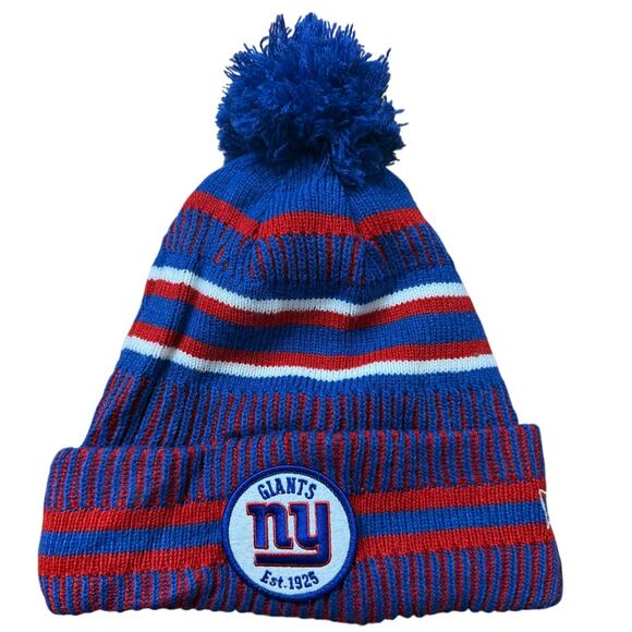 NFL New York Giants Blue White Red Wool Lined Pom Beanie Winter Hat - Picture 1 of 4